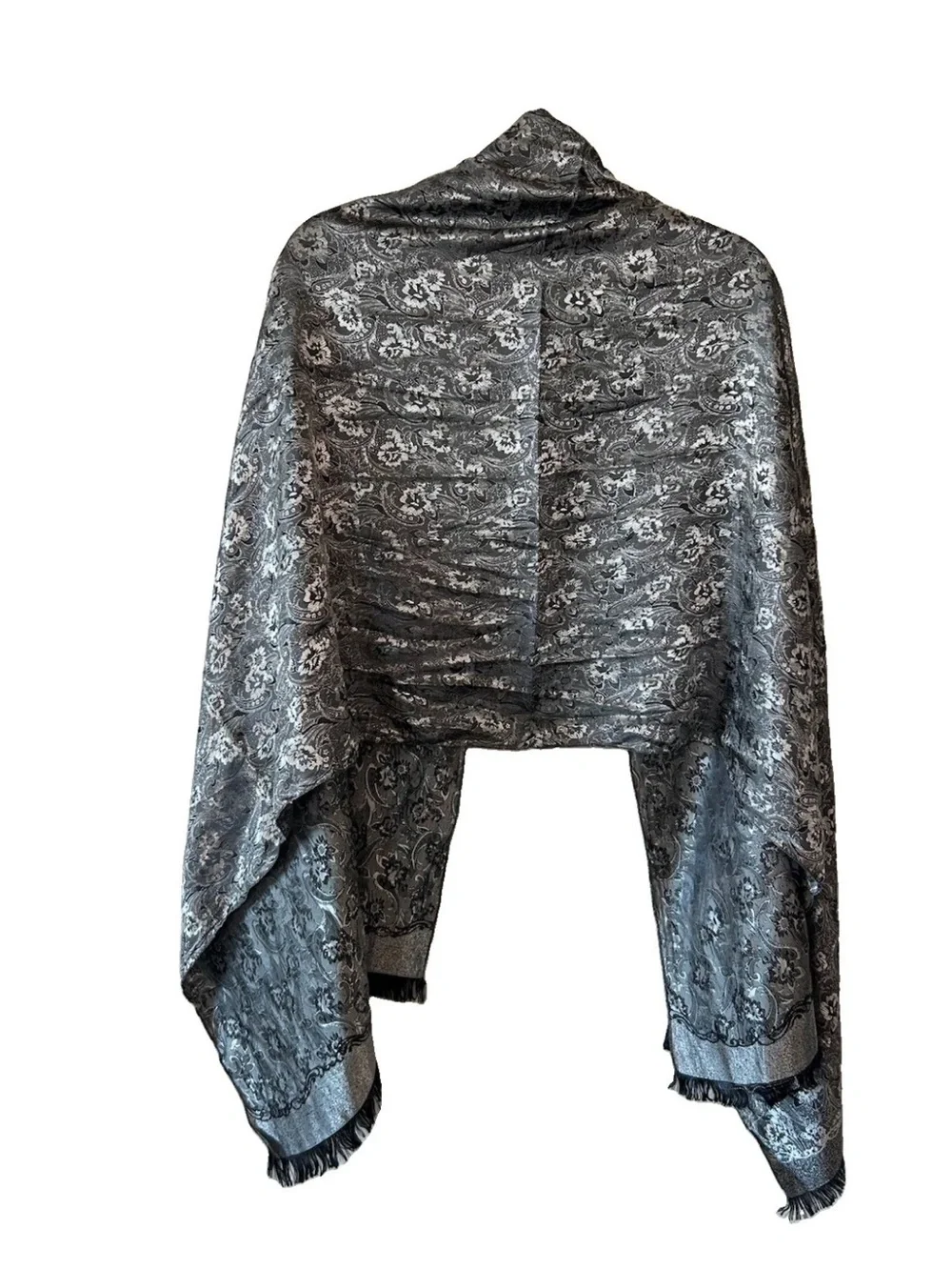 Vintage Thai Silk 100% Silk Shawl Wrap Silver Black Paisley Brocade Fringe 73in